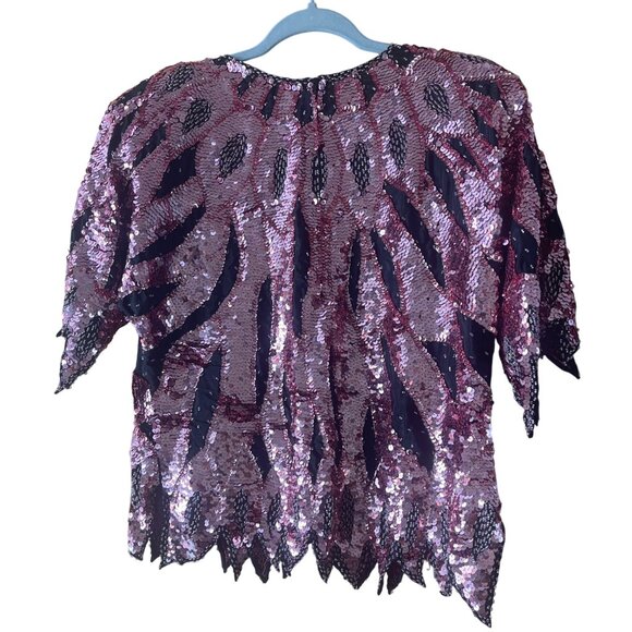 Vintage Womens Top Size 44 Pink Handmade Beaded Sequin Flame Pattern Pure Silk - Picture 2 of 13